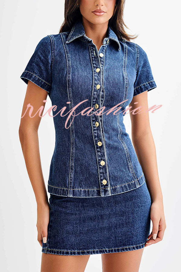 Modern Flavor Denim Short Sleeve Button Up Princess Seams Stretch Top