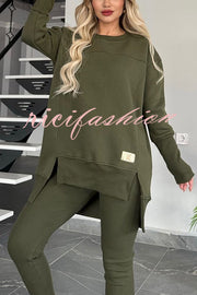 Solid Color Crew Neck Long Sleeve Top and Casual Stretch Pants Set