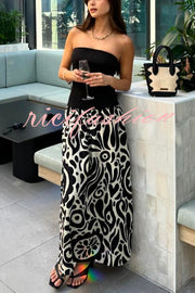 Gina Contrast Color Unique Print Strapless Stretch Maxi Dress