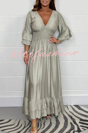 Solid Satin V-Neck Ruffle Sleeve Pleated Waist Maxi Dress