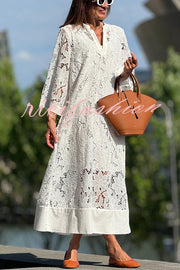 Confidence and Adventure Flower Lace V-neck Bell Sleeve Loose Midi Dress