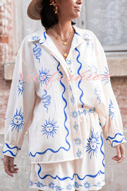 Symbol of Sicily Linen Blend Unique Print Balloon Sleeve Button Loose Shirt