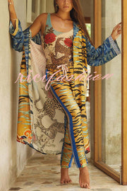 Tropical Jungle Tiger Unique Print  Long Sleeve Belt Pocketed Kimono Coat