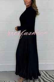 Stylish Knitted Round Neck Long Sleeve Patchwork Pleated Hem Maxi Dress