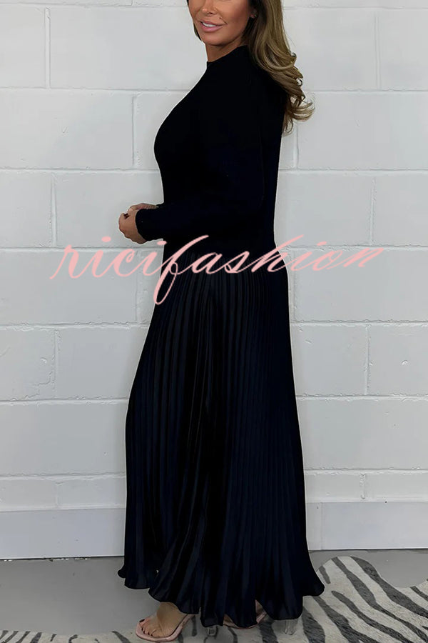 Stylish Knitted Round Neck Long Sleeve Patchwork Pleated Hem Maxi Dress