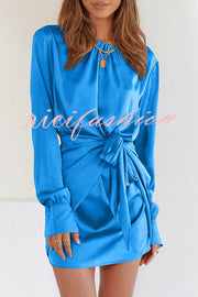 Satin Round Neck Long Sleeve Elastic Tie Mini Dress