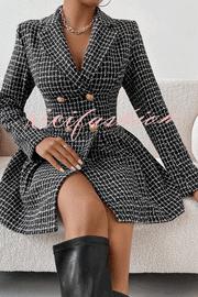 Plaid Print Lapel Long Sleeve Office Mini Dress