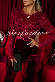 Sonya Lace Velvet Patchwork Long Sleeve Belted Flare Stretch Jumpsuit