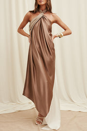 Elegant Whisper Satin Colorblock Halter Asymmetrical Hem Drape Maxi Dress