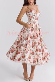 Fairy Tale Gorgeous Italian Rose Print Tulle Pocketed Slip Midi Dress