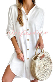 Solid Color Casual Button-Down Shirt Style Mini Dress