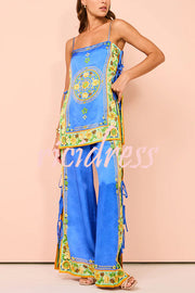 Nara Satin Unique Print Side Lace-up Tank and Elastic Waist Pocketed Wide Leg Pants Set