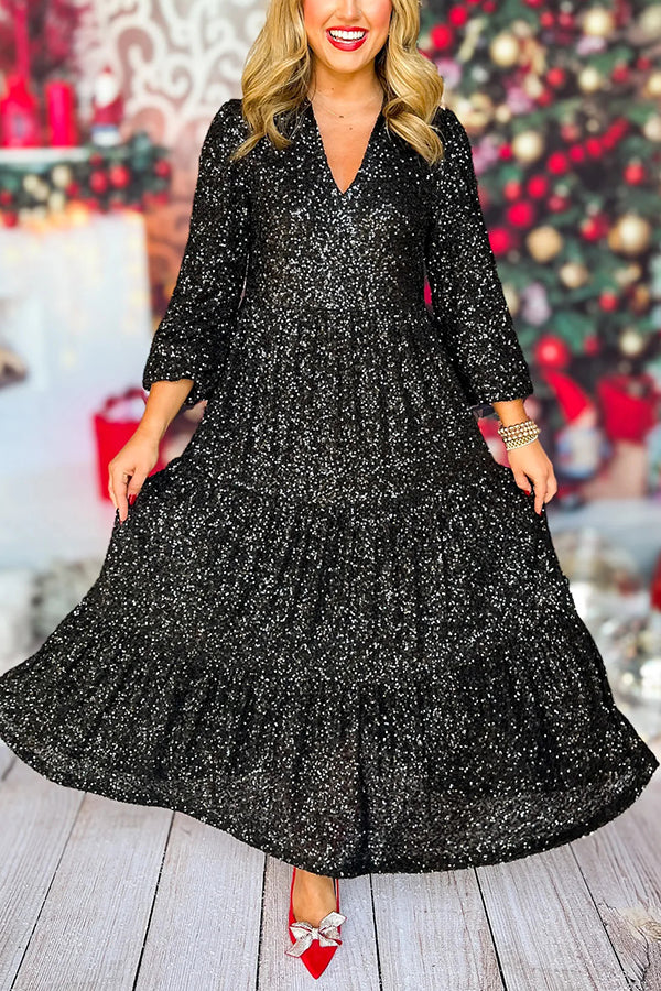 Christmas Elegant Sequin Long Sleeve V Neck Midi Dress