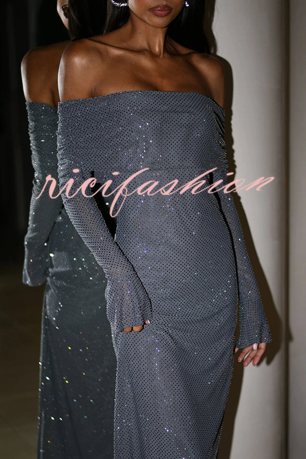 Sexy Shiny Off-The-Shoulder Long-Sleeved Fitted Maxi Dress