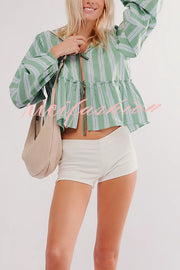 Stylish Striped Print V-neck Tie Top and Elastic Waist Loose Shorts Set