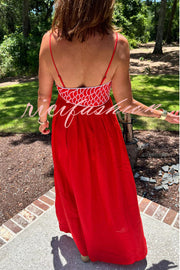 Red Fish Embroidered Sling Backless Maxi Dress