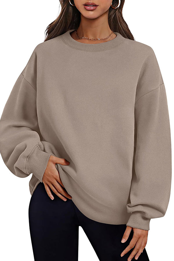 Solid Color Round Neck Pocket Loose Warm Long Sleeve Sweatshirt