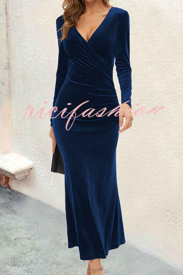 Solid Color Velvet Long Sleeve V-neck Slim Fit Fishtail Maxi Dress