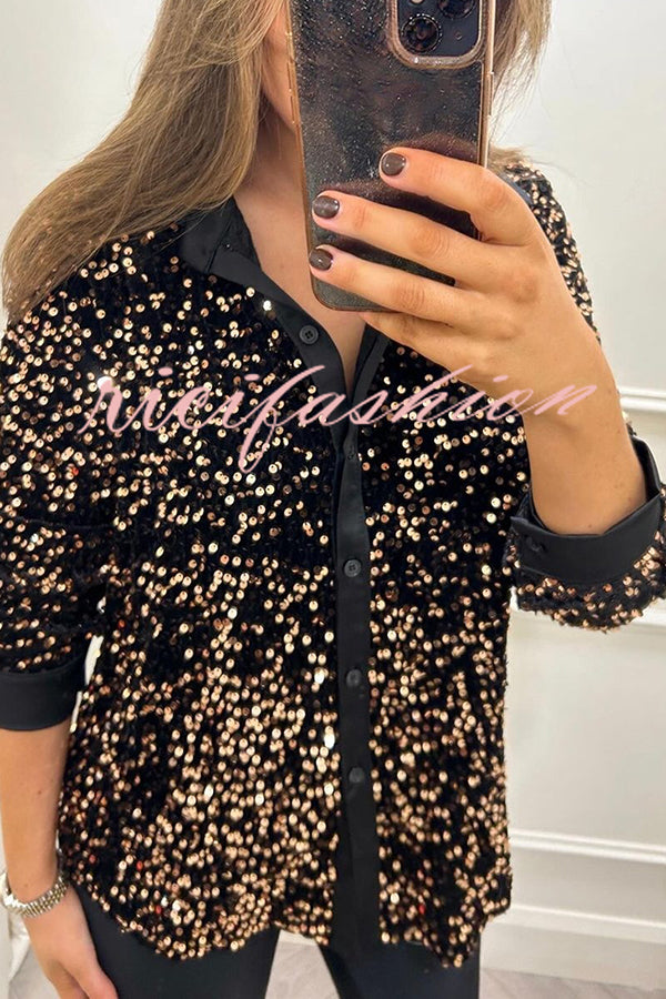 Fashion Velvet Sequined Loose Casual Long-sleeved Shirt