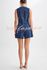 Abel Denim Button Up Princess Seams Pocket Vest Top