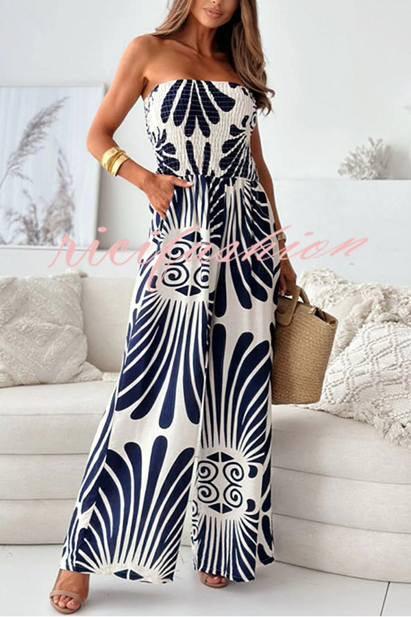 Unique Printed Off-shoulder Pleated Casual Wide-leg Jumpsuit