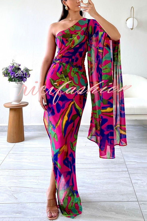 Colorful Printed One-sleeve Slim-fitting Slit Maxi Dress