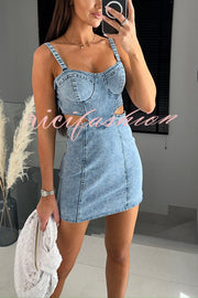 Picilo Denim Sweetheart Neck Cutout Waist Stretch Mini Dress