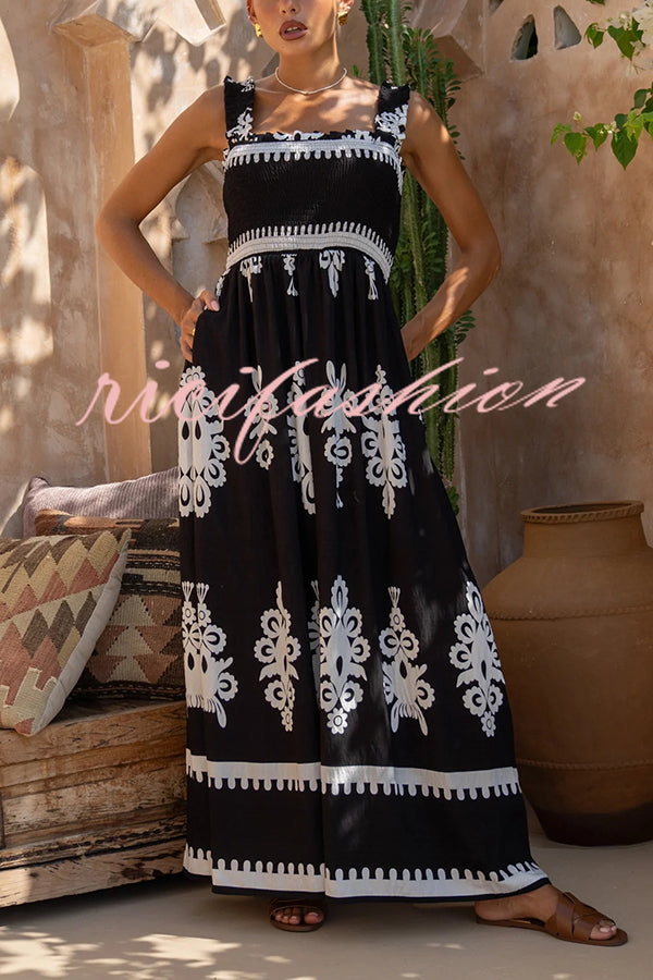 National Boho Style Unique Print Smocked Bust Wide Strap Pocket Maxi Dress