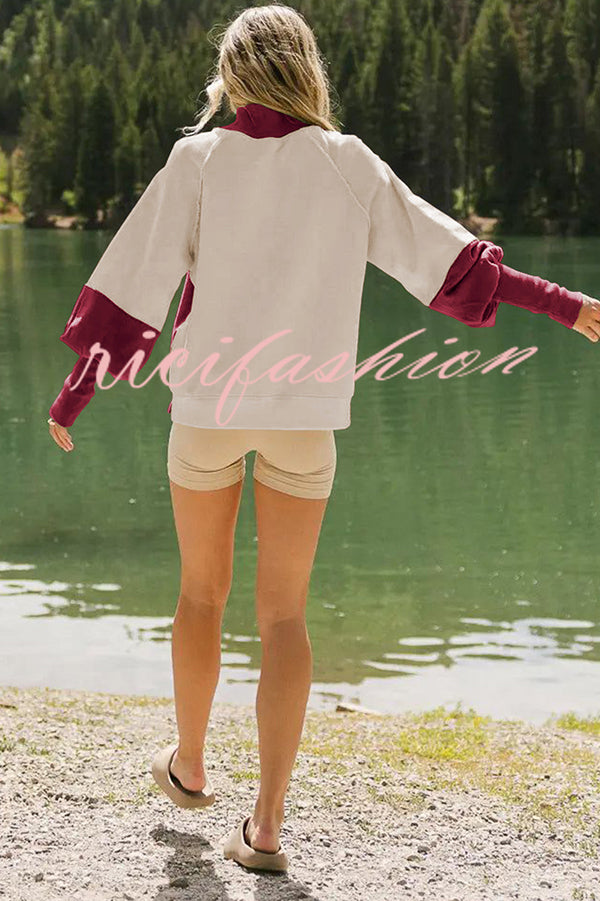 Fashionable Contrast Color Stitching Long Sleeve Loose Sweatshirt