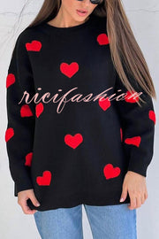 Fashionable Embroidered Love Loose Round Neck Long Sleeve Knitted Sweater