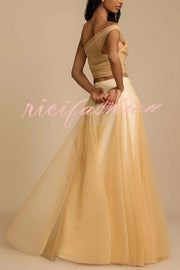 Romance Factor Satin Patchwork Tulle High Rise Elastic Waist A-line Maxi Skirt