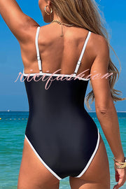 Fashionable Contrast-color Overlock Stretch One-piece Swimsuit