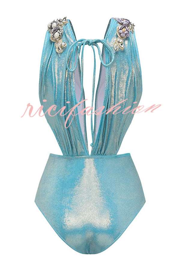 Solid Color Shiny Fabric Deep V Metal Embellished Stretch One-piece Swimsuit