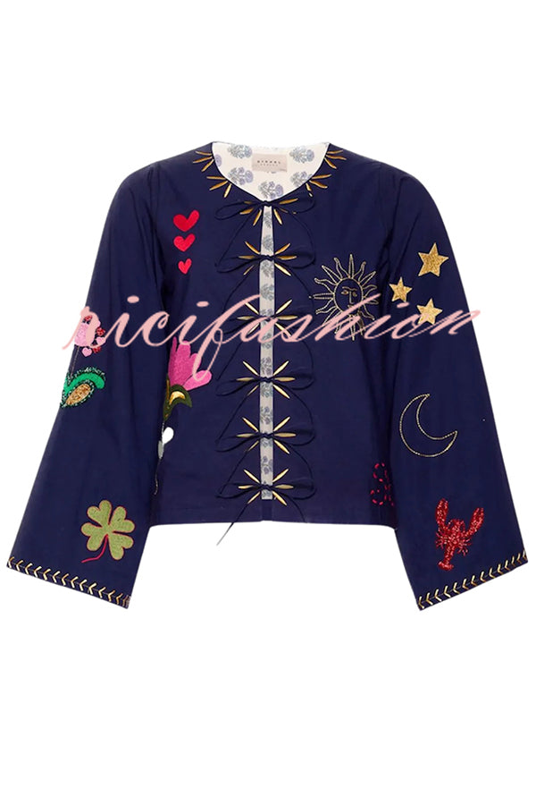 Fashionable Embroidered Lace-up Long-sleeved Loose Top