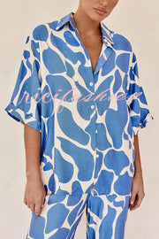 Lazy Beach Days Unique Print Short Sleeve Loose Shirt and Elastic Waist Pants Set