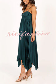 Solid Color Sexy Suspender Pleated Irregular Midi Dress