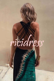 Tie-dye Print Back Lace-up Stretch Maxi Dress