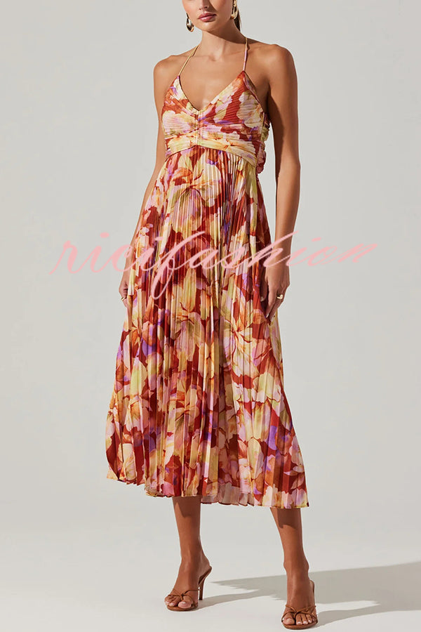 Wedding Party Season Floral Print Pleated Back Tie-up Midi Dress