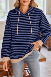 Striped Print Long Sleeve Pocket Loose Hoodie