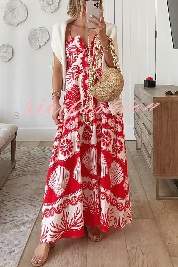 Beautiful Shell Unique Print Front Lace-up Loose  Maxi Dress