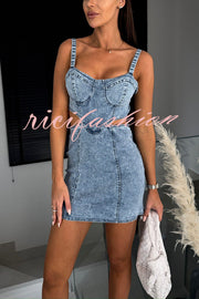 Picilo Denim Sweetheart Neck Cutout Waist Stretch Mini Dress