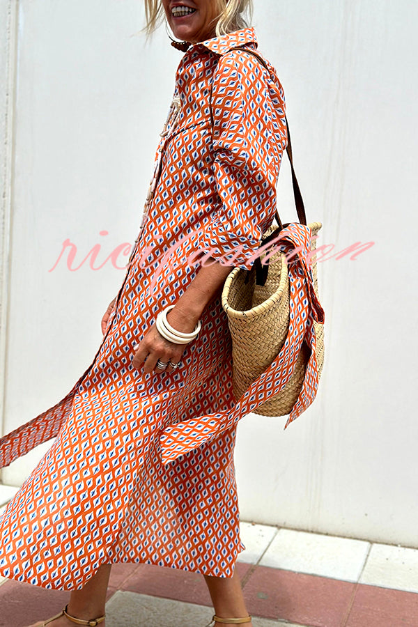 Summer Splendor Printed Button Half Sleeve Belt Loose Shirt Midi Dress