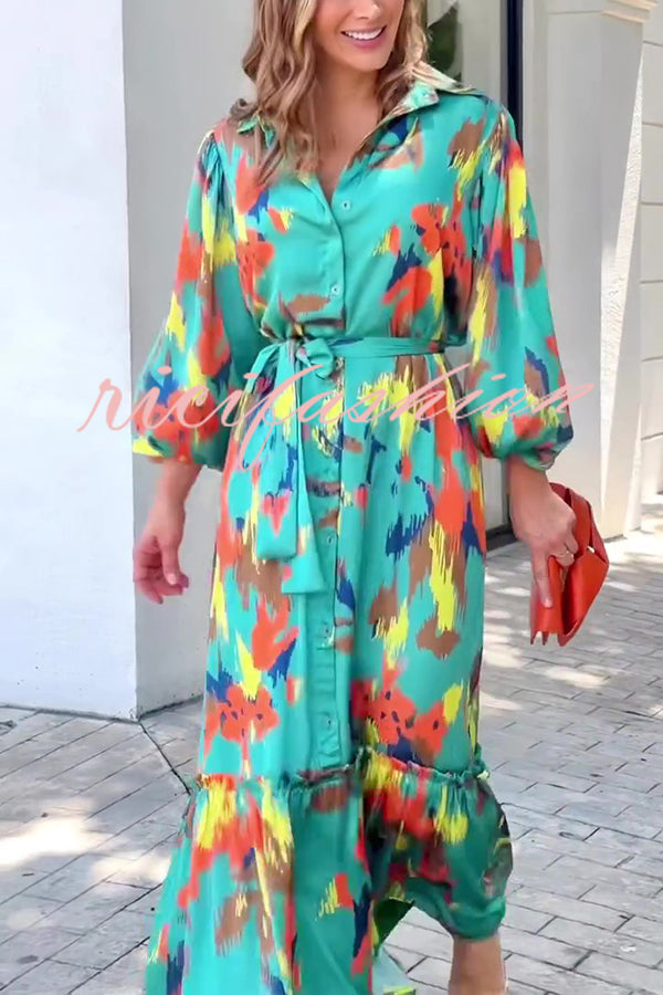 Multicolor Printed Lapel Balloon Sleeves Tie-waist Maxi Dress