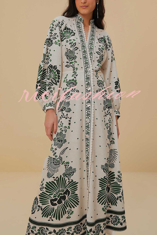 Forest Soul Unique Print Button Down Long Sleeve Shirt Maxi Dress