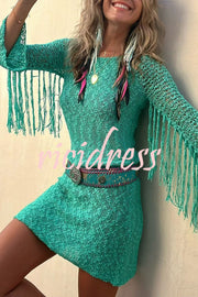 Wandering Angel Boucle Material Tassel Sleeve Stretch Vacation Mini Dress