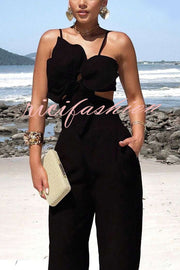 Three-dimensional Flower Accessories Hollow Pocket Jumpsuit