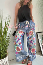 Hippie Style Unique Floral Denim Print Elastic Waist Pocketed Wide Leg Pants