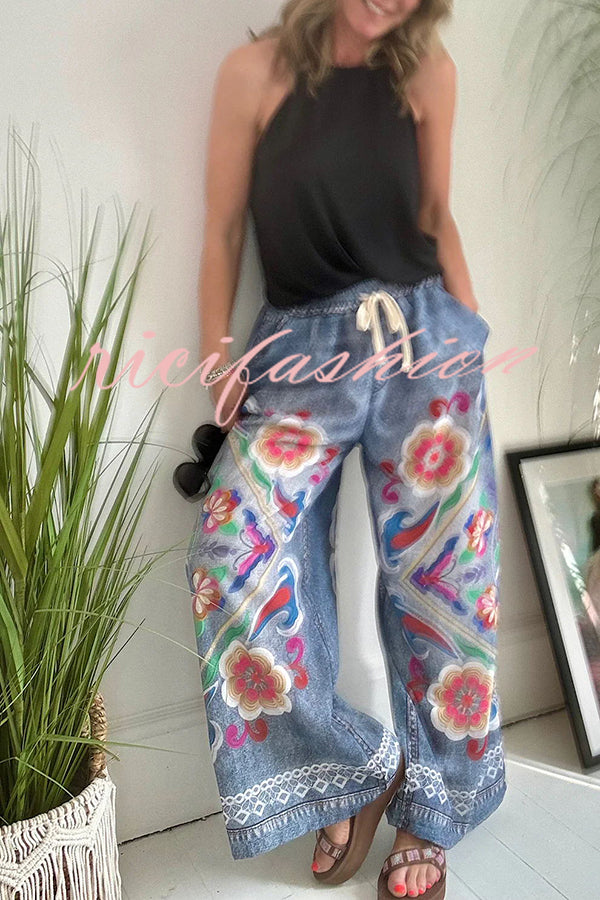 Hippie Style Unique Floral Denim Print Elastic Waist Pocketed Wide Leg Pants