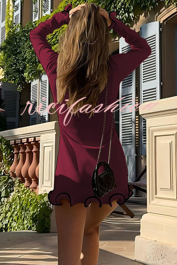 Fashionable Rolled Hem Round Neck Long Sleeve Slim Fit Mini Dress