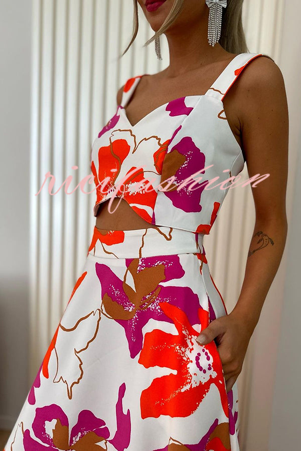 Stylish Floral Print Sling Top and Large Hem Pockets Maxi Skirt Set